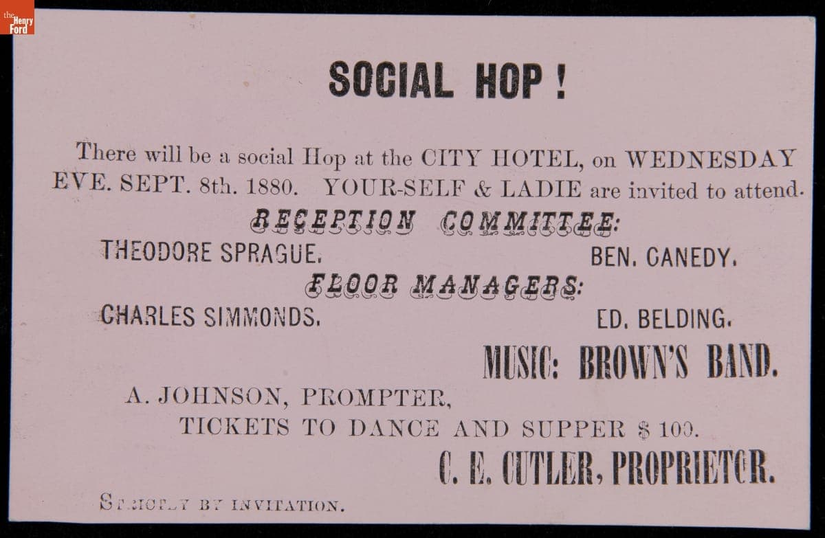Card Advertising a Dinner Dance at the City Hotel, "Social Hop!," 1880