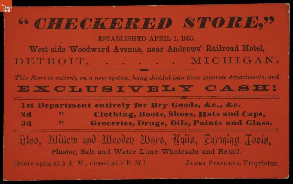Trade Card for Checkered Store, Detroit, Michigan, 1853-1863