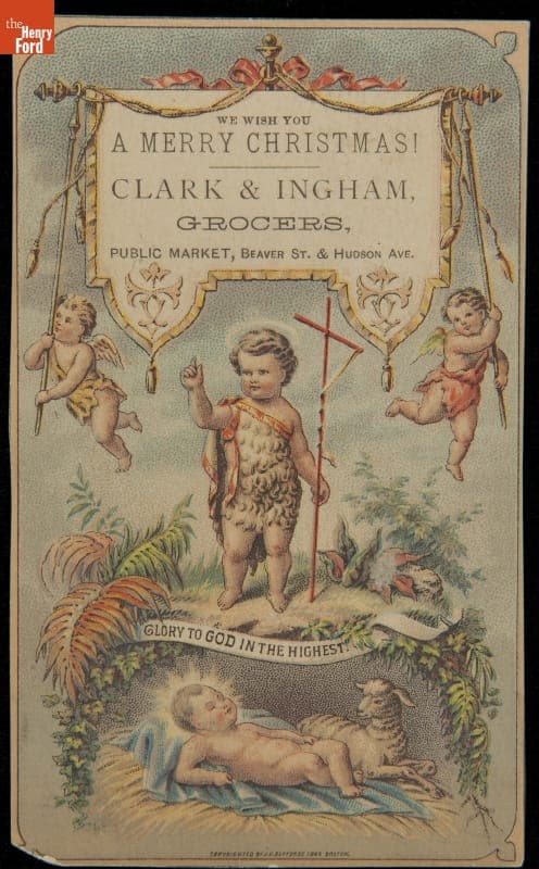 Trade Card for Grocer, Clark & Ingham, with Sunday School Christmas Program on Back, Albany, New York, 1882