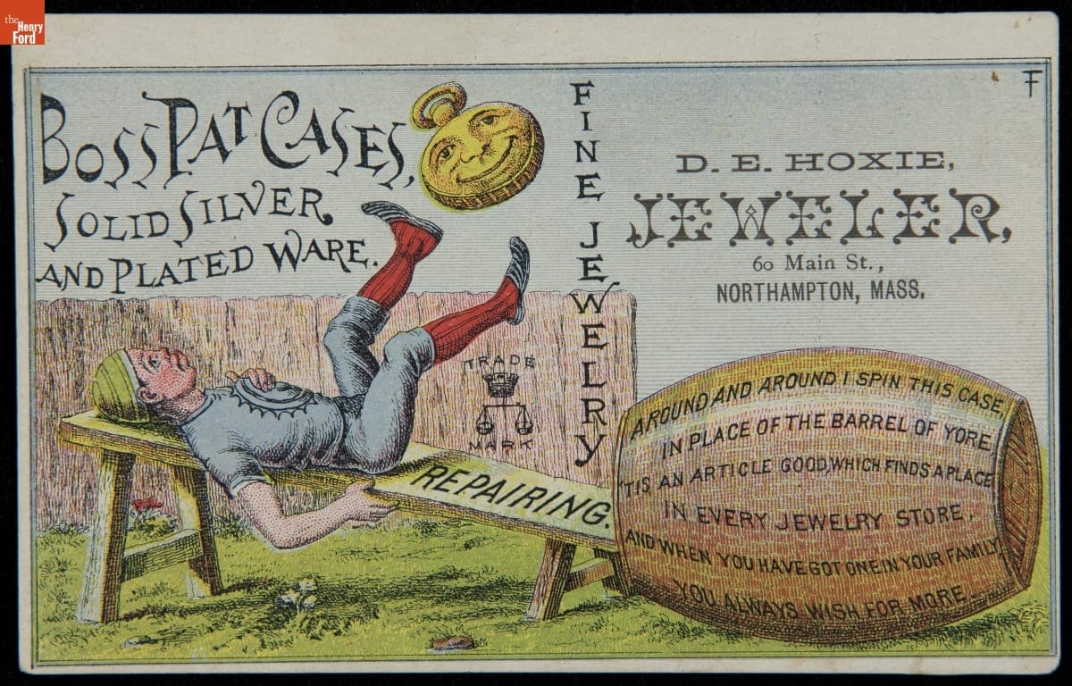 Trade Card for Boss Pat. Watch Cases by D. E. Hoxie, Northhampton, Massachusetts, 1870-1890