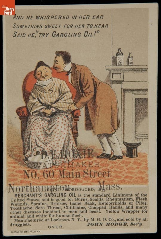 Trade Card for Merchant's Gargling Oil and Watchmaker D.E. Hoxie, 1870-1900