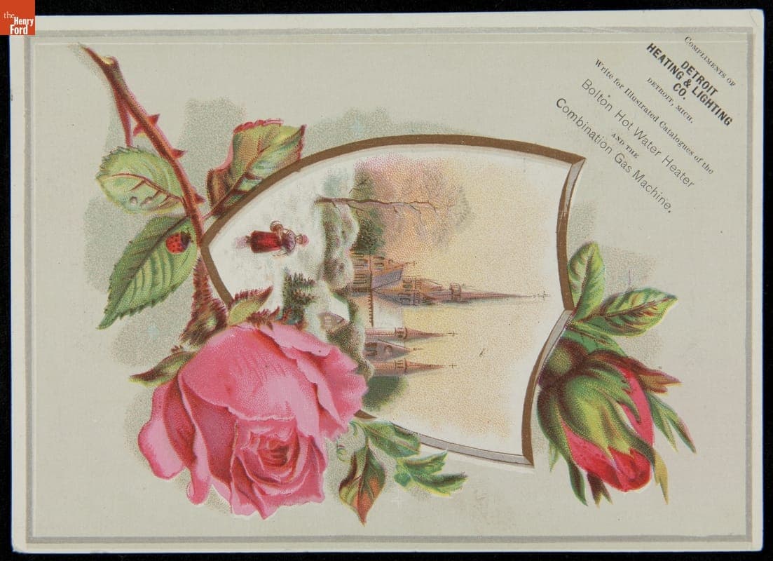 Trade Card for the Bolton Hot Water Heater and Combination Gas Machine, Detroit Heating and Lighting Co., 1870-1890