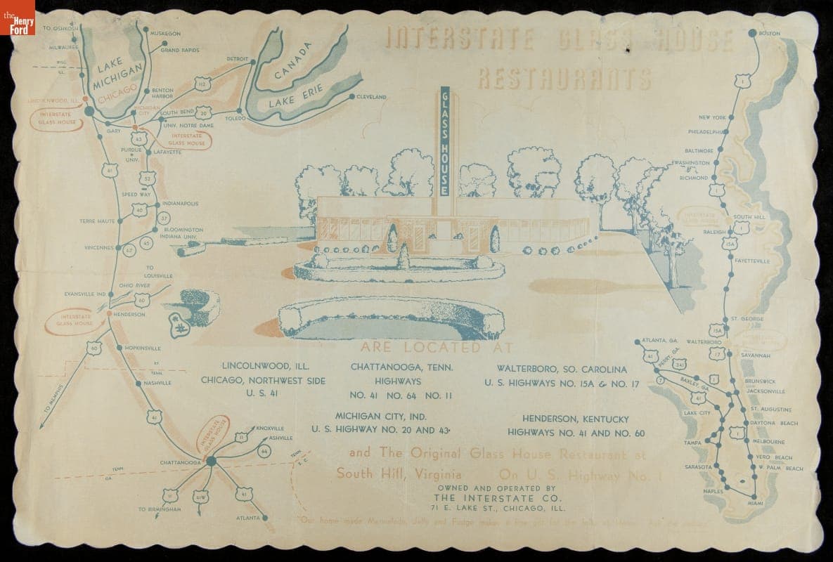 Placemat, Interstate Glass House Restaurant, circa 1950