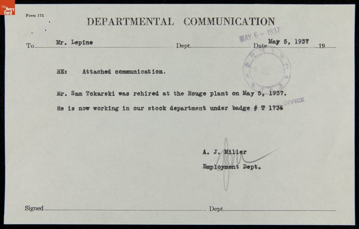 Ford Motor Company Memorandum regarding the Rehire of Simon Tokarski, 1937
