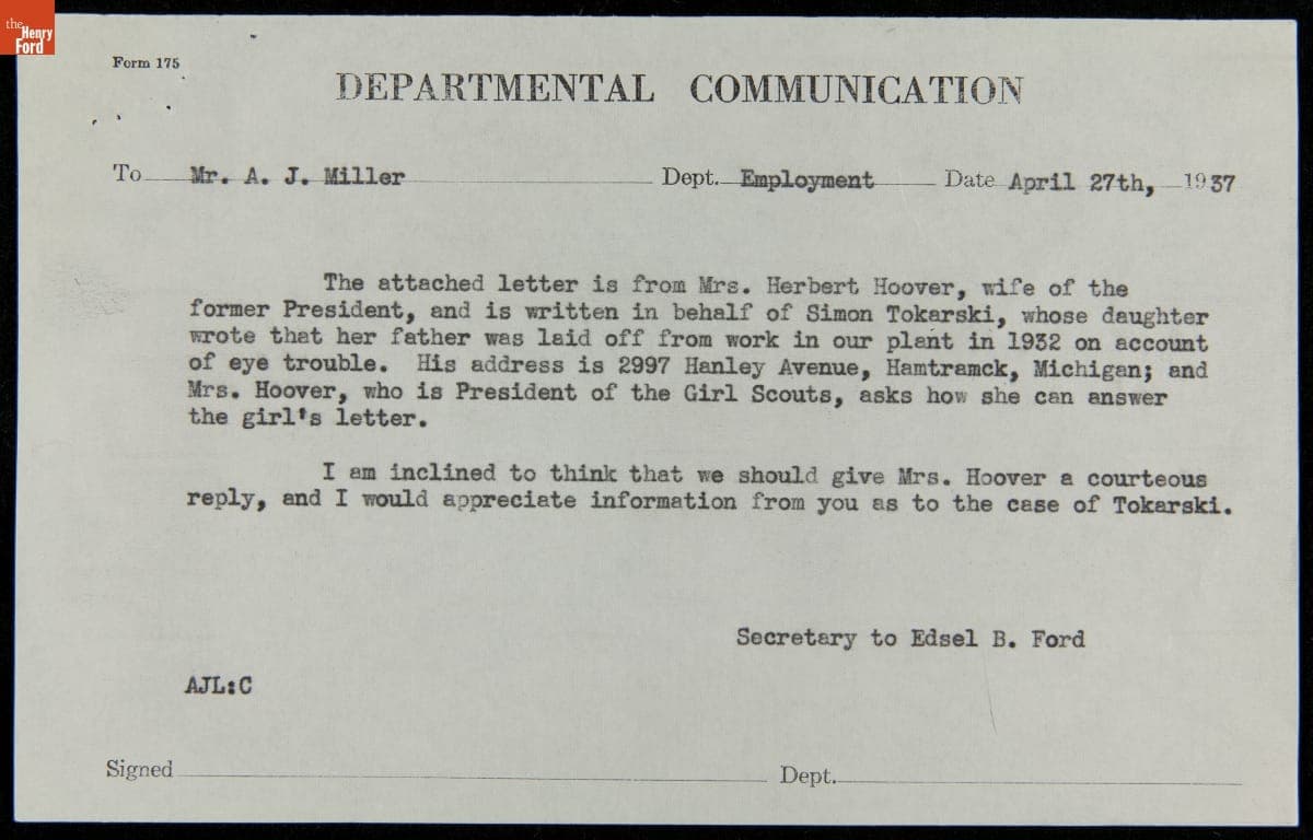 Ford Motor Company Memo regarding an Inquiry from Mrs. Herbert Hoover about Former Employee Simon Tokarski, 1937