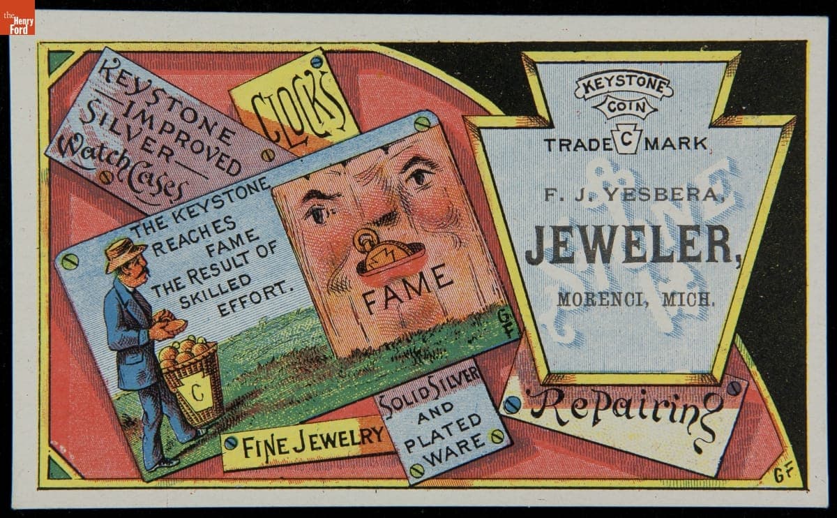Trade Card for Keystone Watch Case Company and Jeweler, F.J. Yesbera, 1880-1900