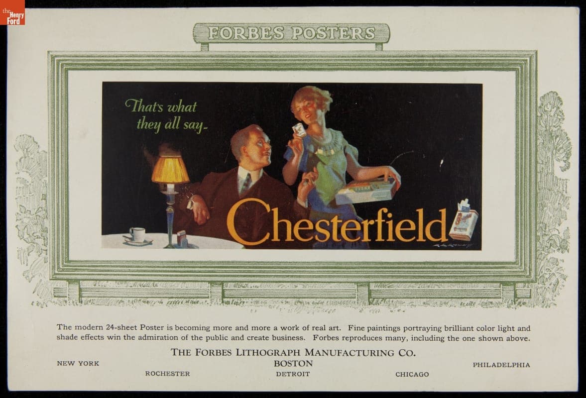 Trade Card for Forbes Posters, "That's what they all say... Chesterfield," 1920-1930