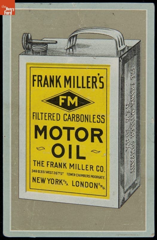 Trade Card for Frank Miller's Filtered Carbonless Motor Oil, Frank Miller Co., 1910-1930