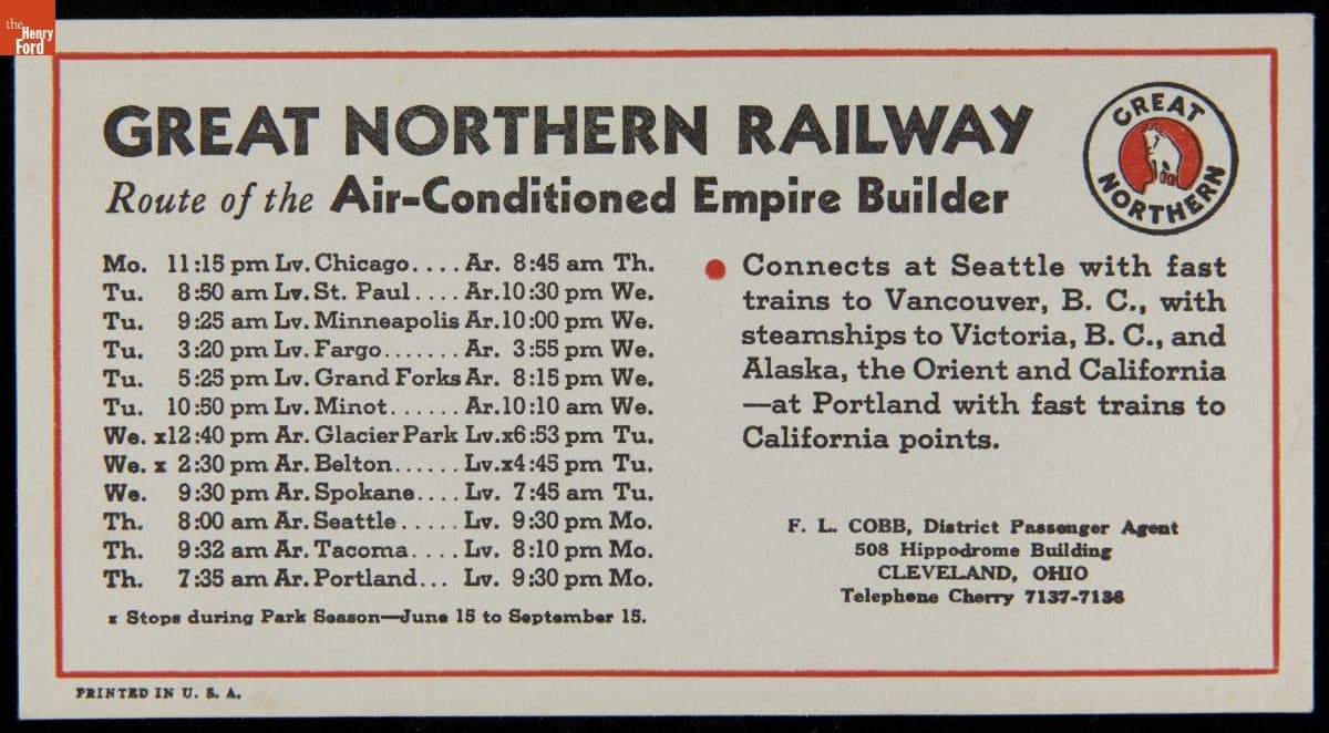 Trade Card and Schedule for Great Northern Railway's Air-Conditioned Empire Builder, circa 1945