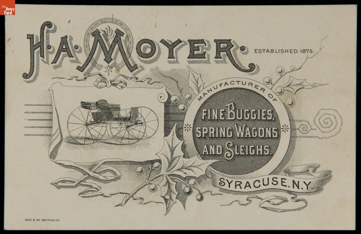 Trade Card for H. A. Moyer, Manufacturer of Fine Buggies, Spring Wagons, and Sleighs, circa 1880