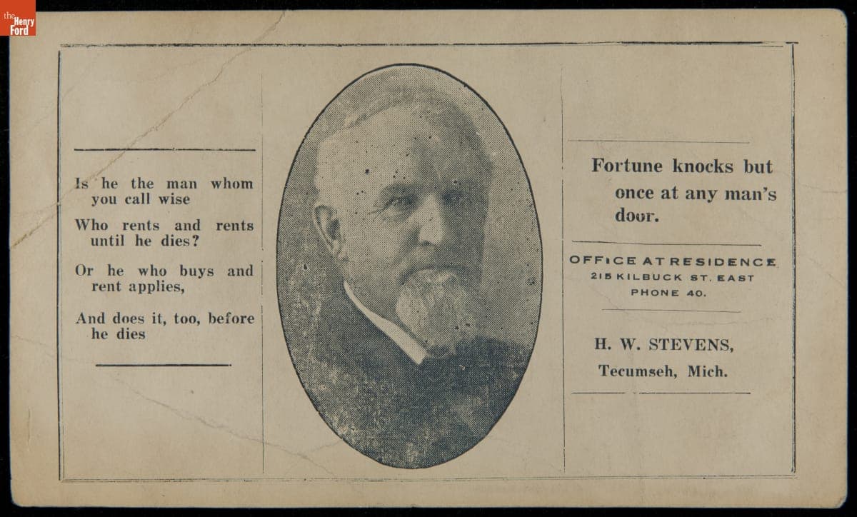 Trade Card for H. W. Stevens, Real Estate Agency, "Homes in the Village of Tecumseh," 1870-1890