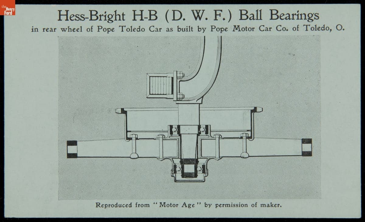 Trade Card, Ball Bearings in Rear Wheel of Pope Toledo Car, Hess-Bright Manufacturing Co., circa 1905