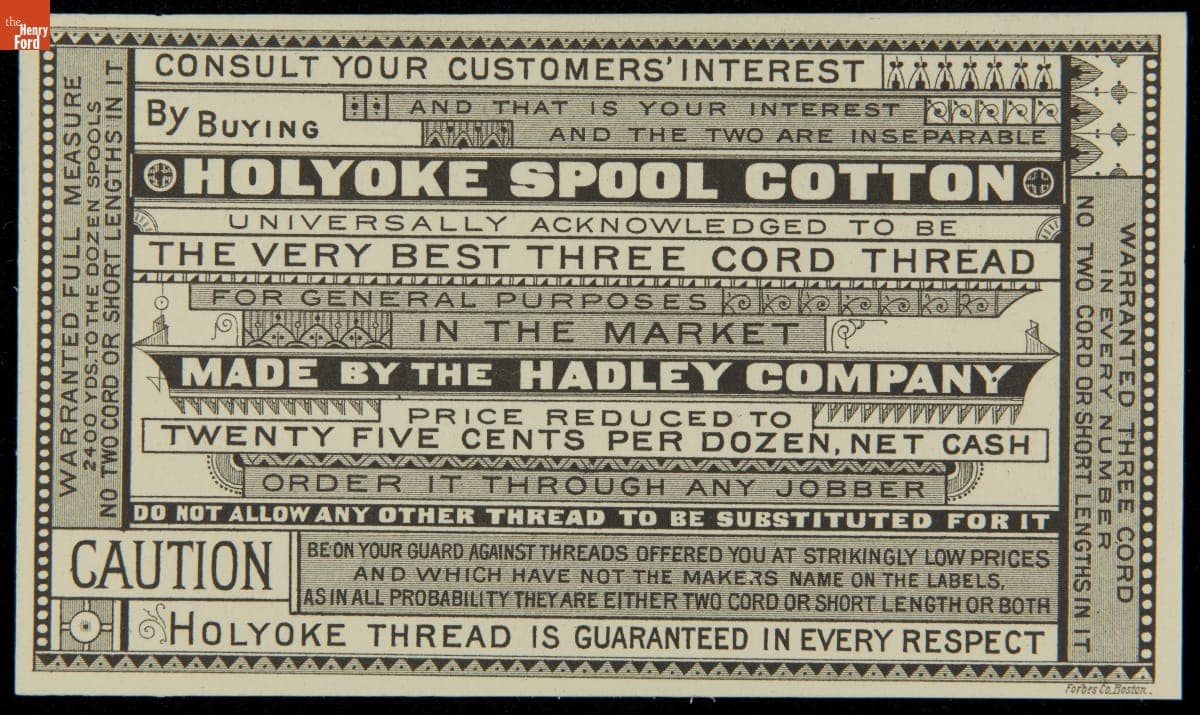 Trade Card for Holyoke Spool Cotton Thread, Hadley Company, 1863-1898
