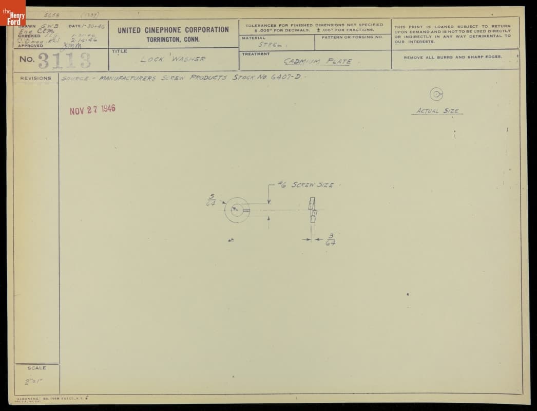 Lock Washer (Fastener), Reference Number 3113, 1946