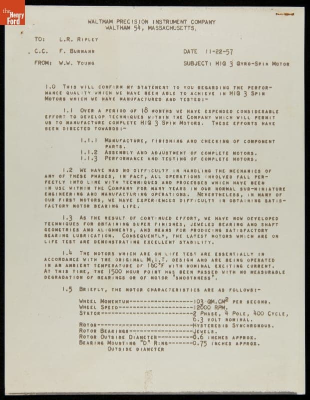 Letter regarding the HIG 3 Gyro-Spin Motor, 1957