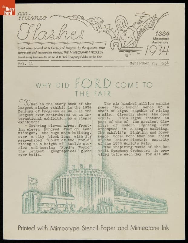 Souvenir Newsletter, "Mimeo Flashes: Why Did Ford Come to the Fair?," Century of Progress Exposition, 1934