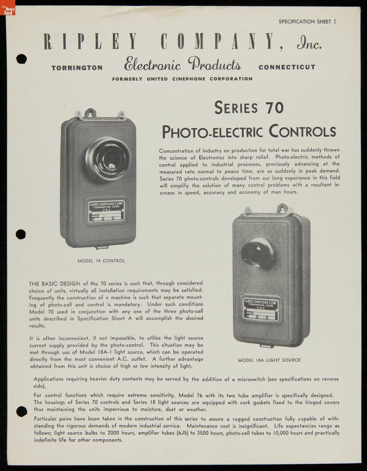Ripley Company, Inc. Brochure, "Series 70 Photo-Electric Controls," 1946