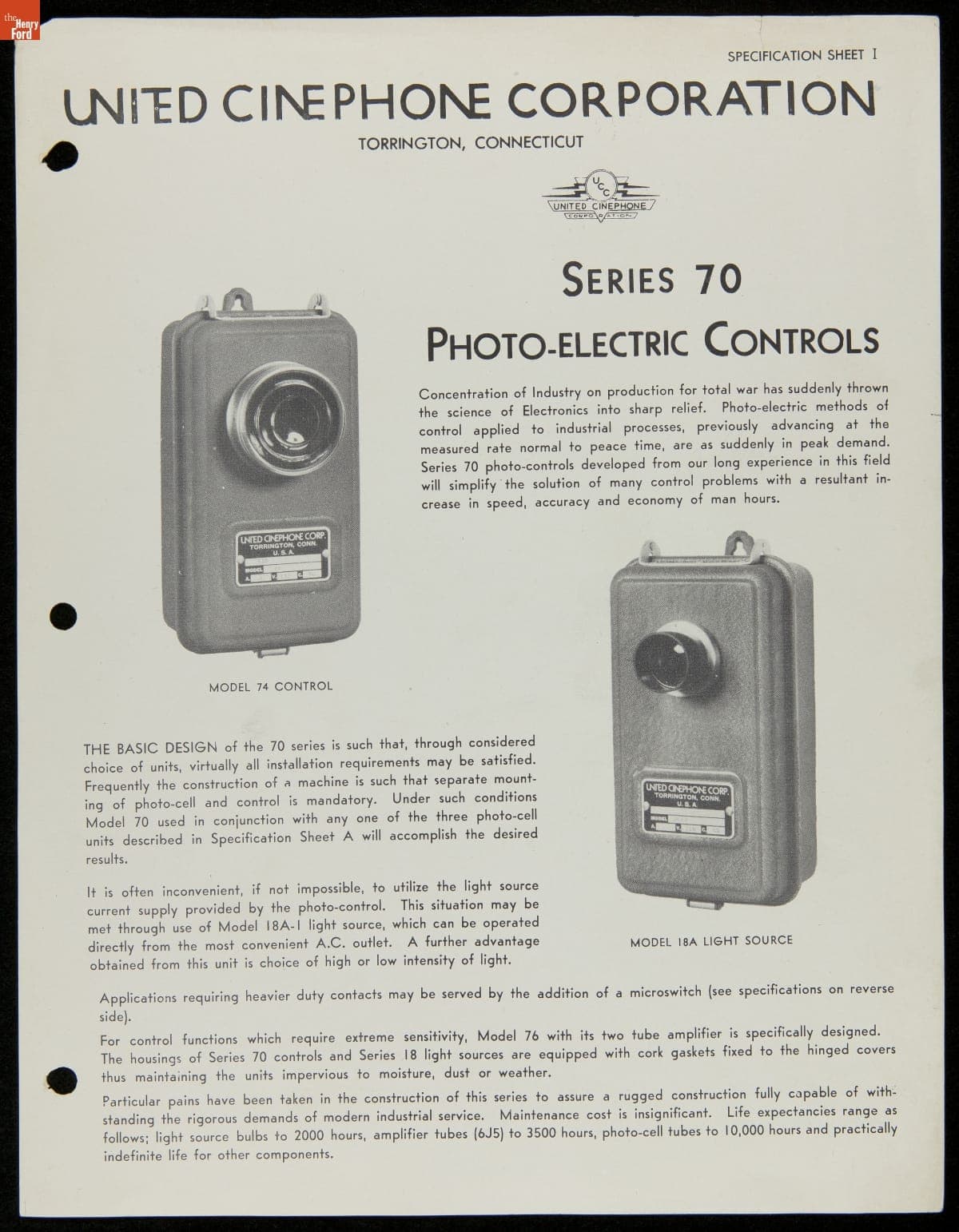 United Cinephone Corporation Brochure, "Series 70 Photo-Electric Controls," 1943