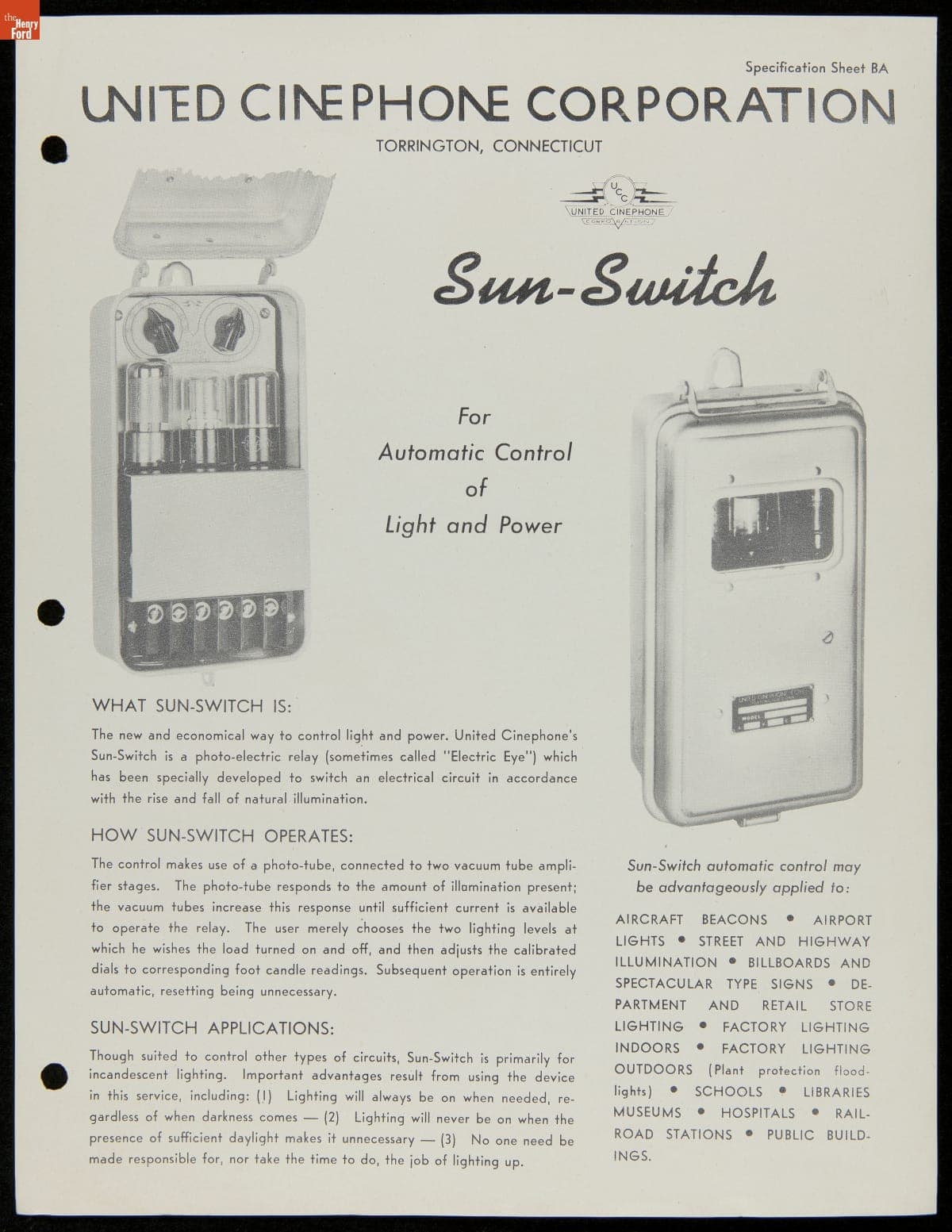 United Cinephone Corporation Brochure, "Sun-Switch," 1945