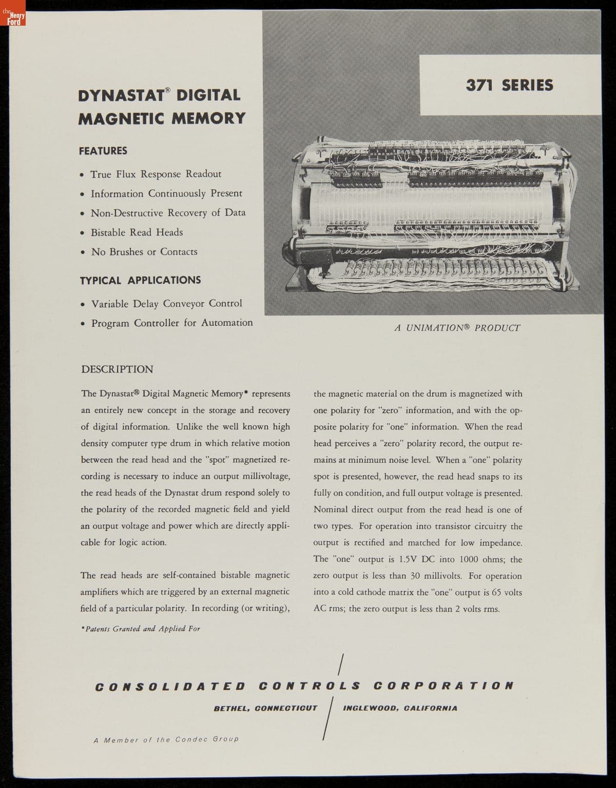 Consolidated Controls Corporation Brochure, "Dynastat Digital Magnetic Memory 371 Series," 1960