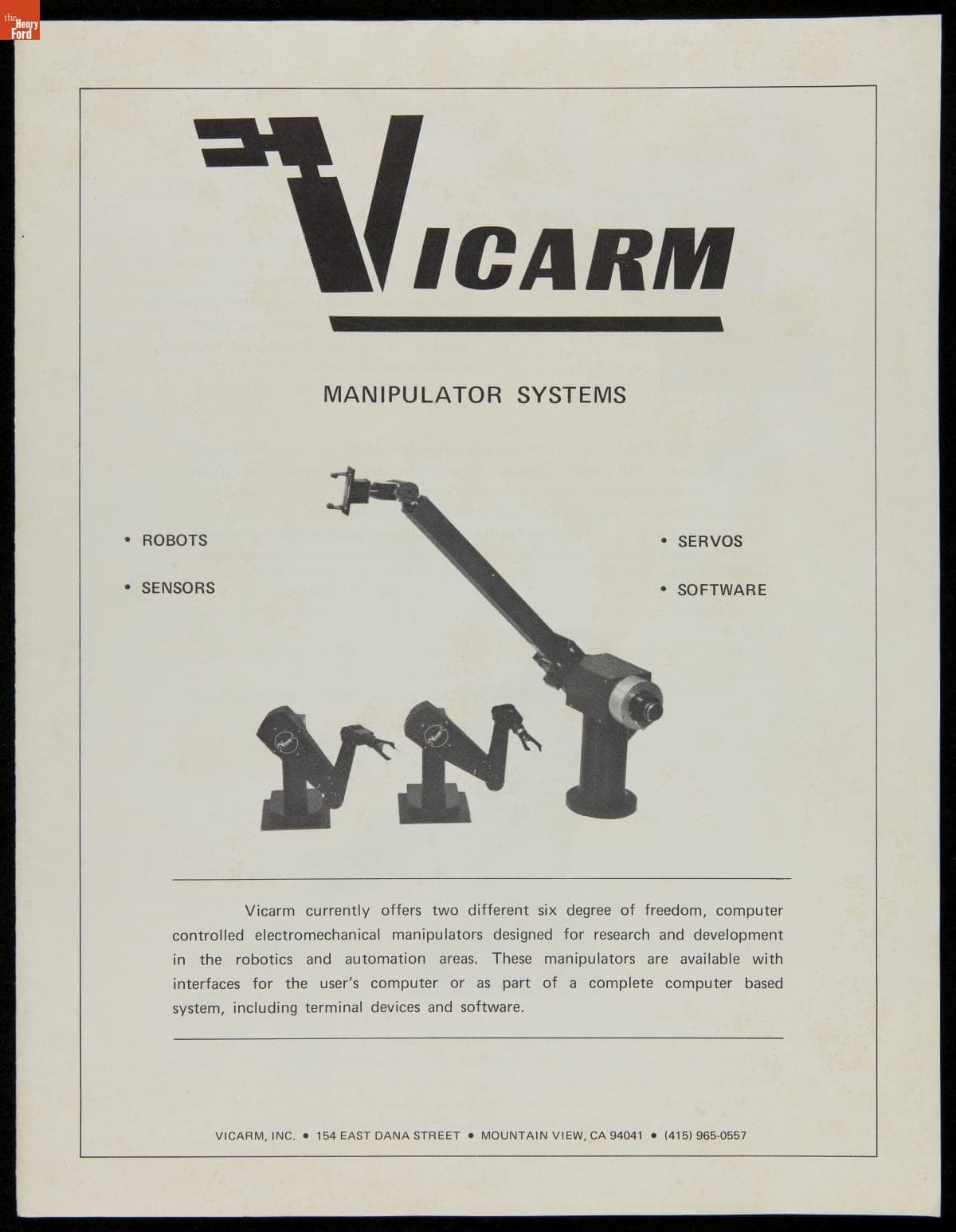 Vicarm, Inc. Brochure, "Vicarm Manipulator Systems," 1976
