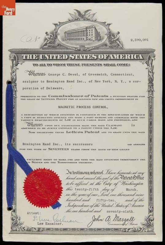Patent, "Magnetic Process Control," 1952