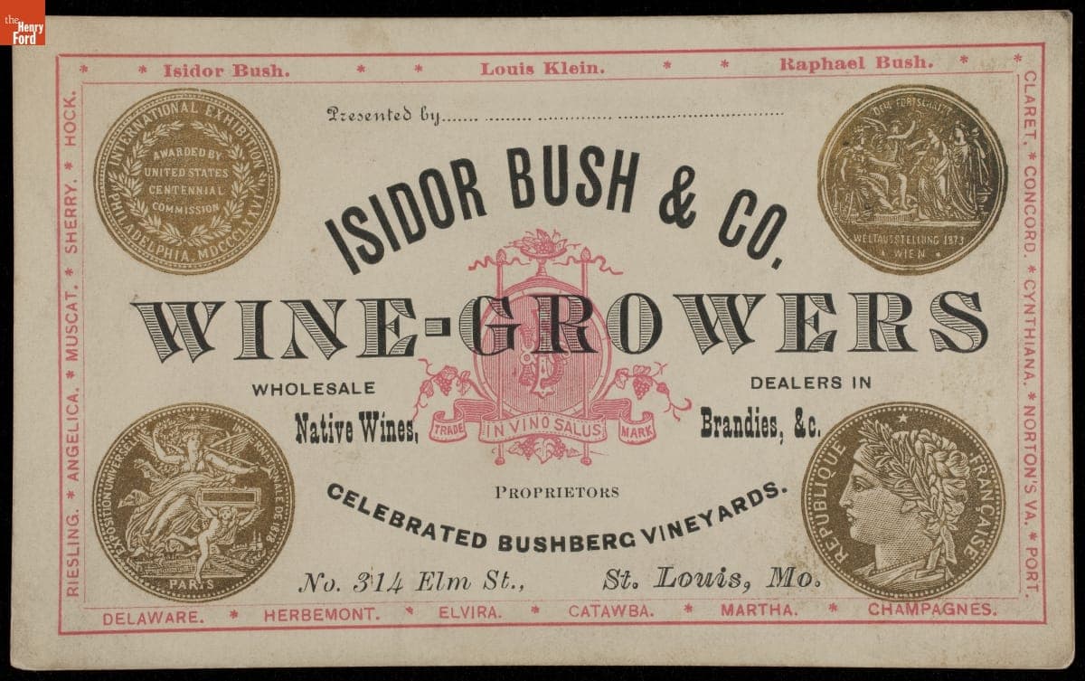 Trade Card for Wine-Grower Isidor Bush & Company, circa 1881