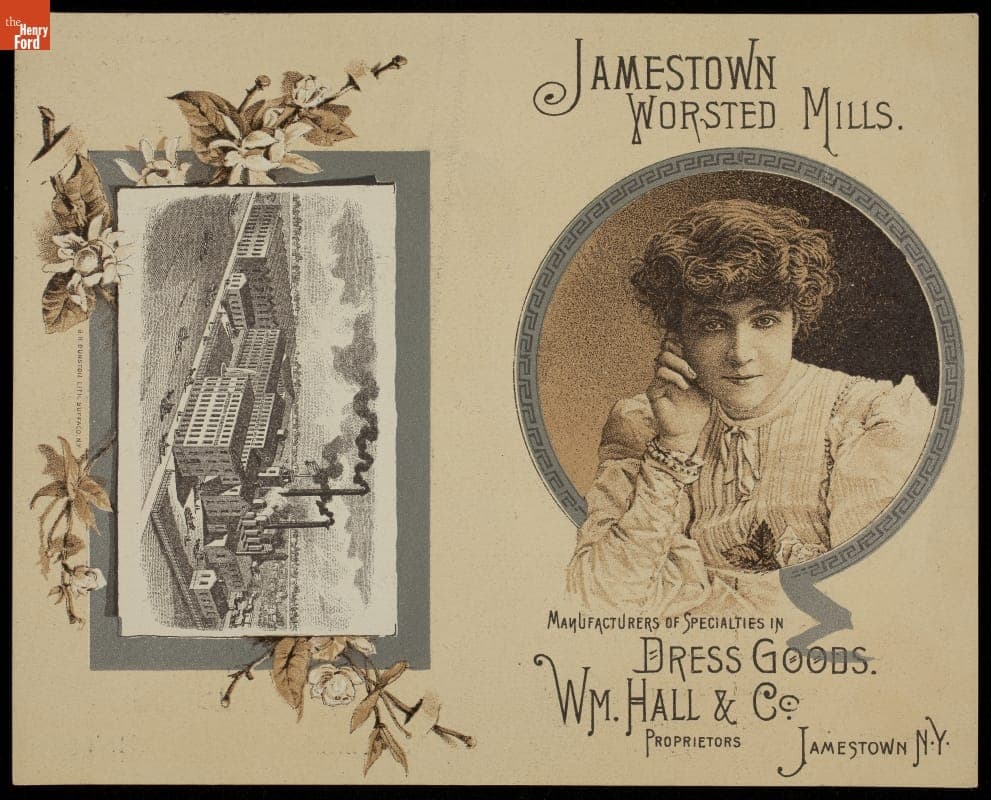 Trade Card for Jamestown Dress Goods, Jamestown Worsted Mills, circa 1888