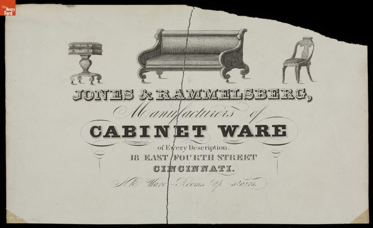 Trade Card for "Cabinet Ware" Furniture, Jones & Rammelsberg, 1838-1846