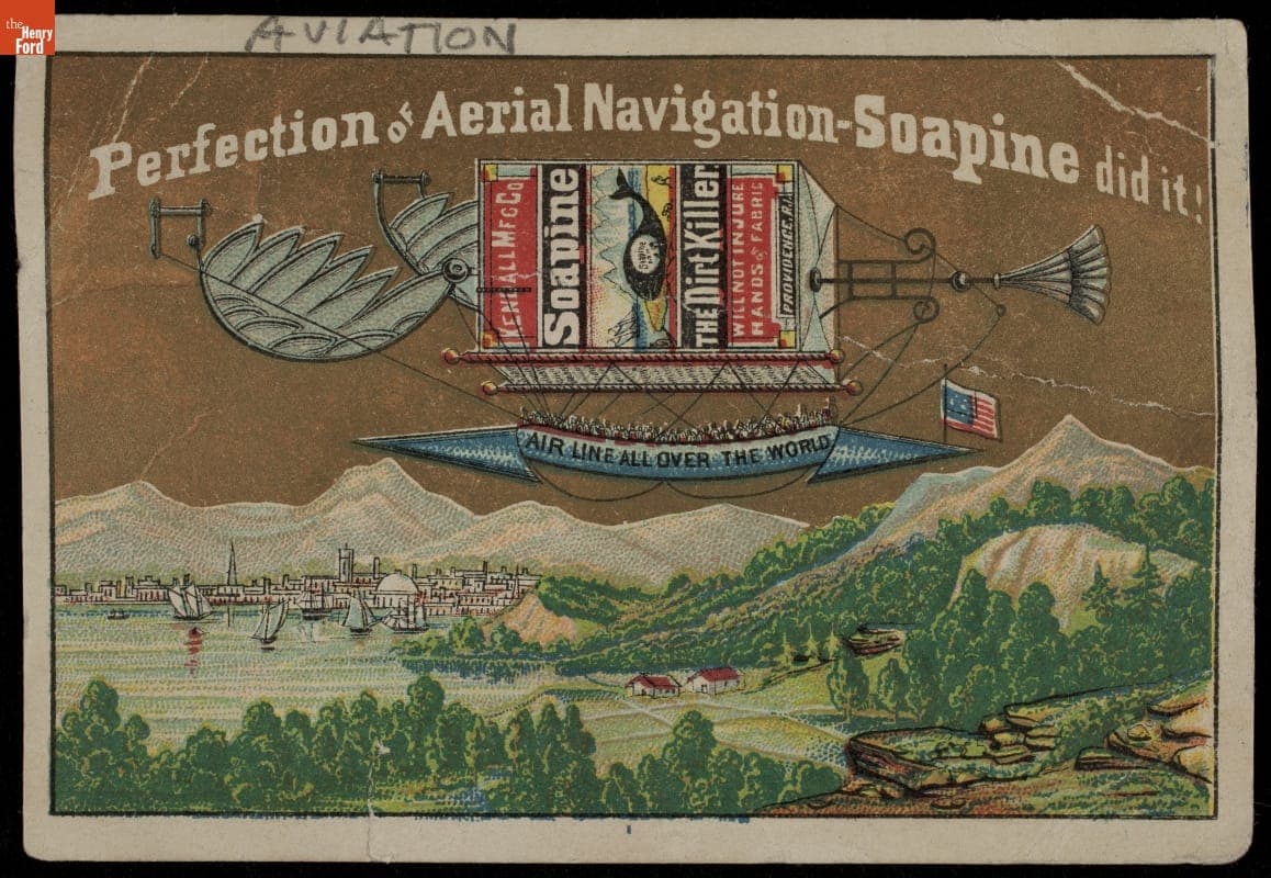 Trade Card for Soapine, Kendall Mfg. Co., "Perfection of Aerial Navigation - Soapinr Did It!," 1880-1900