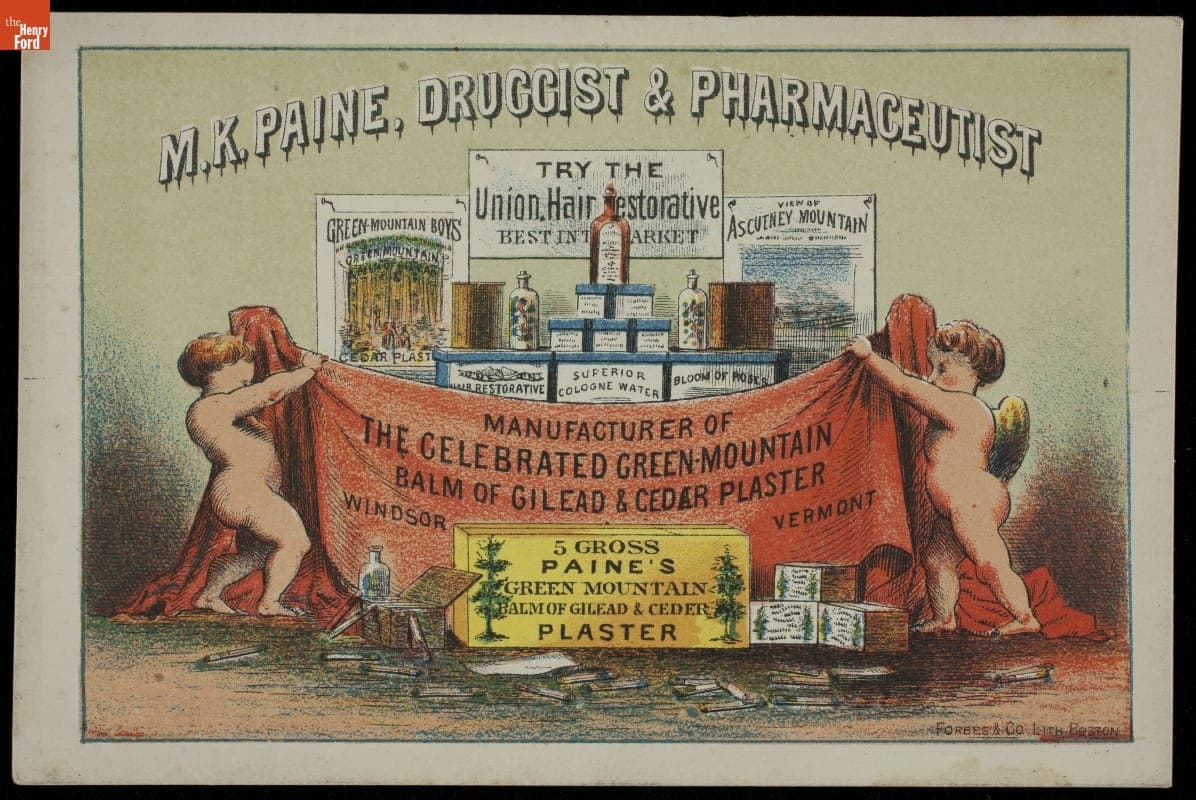 Trade Card for Green Mountain Balm of Gilead & Cedar Plaster, M. K. Paine, 1870-1890