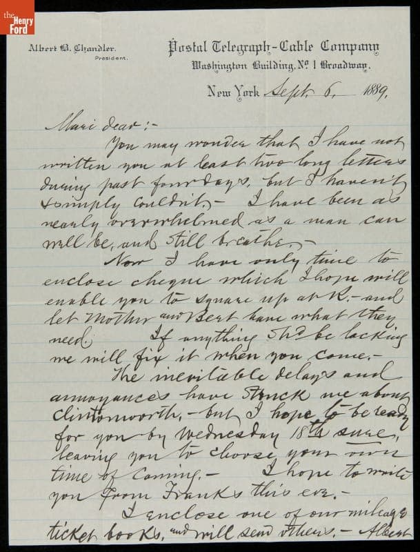 Letter from Albert B. Chandler to His Wife, Marilla, 1889