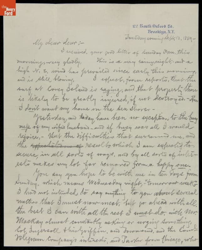 Letter from Albert B. Chandler to His Wife, Marilla, 1889