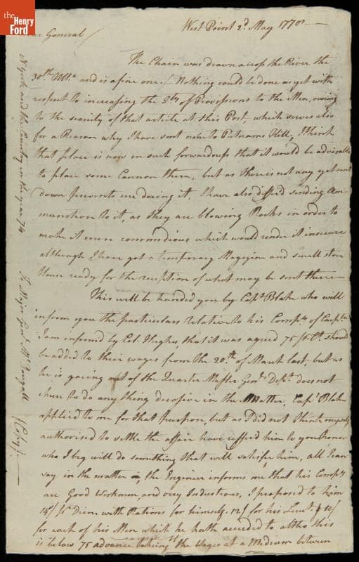 Letters from James Clinton to Colonel Hughes and General McDougall about the Hudson River "Great Chain" at West Point, 1778