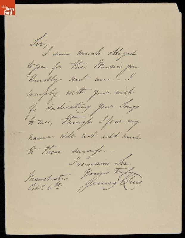 Letter by Jenny Lind, Written on Back of an Advertising Broadside, circa 1863