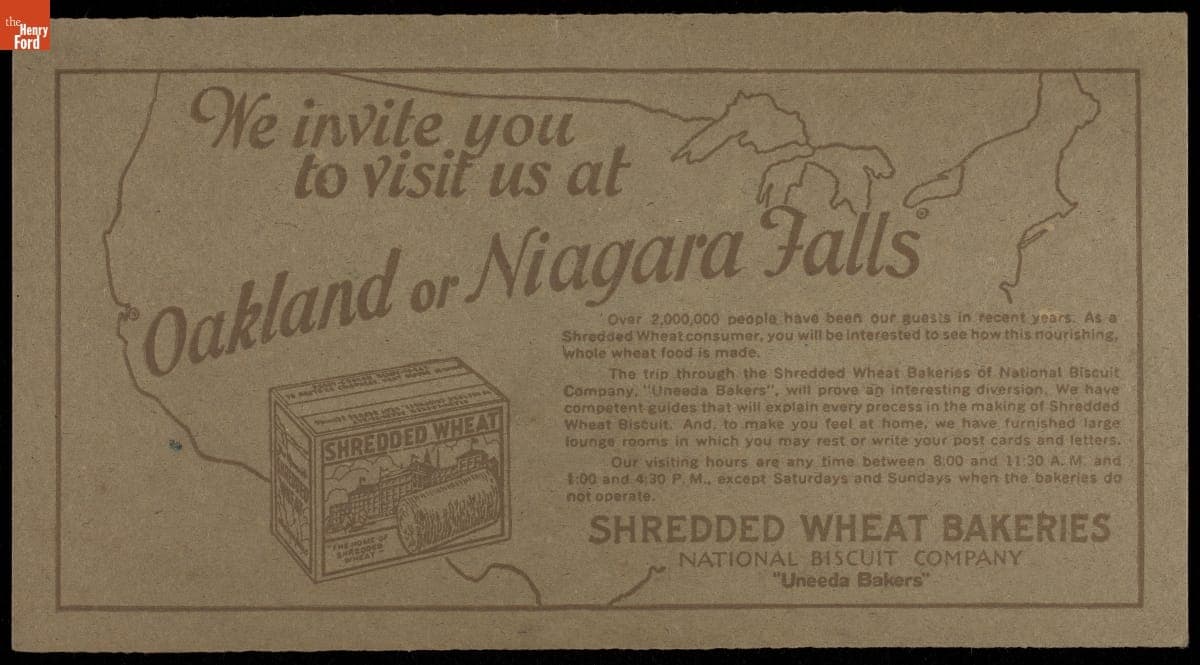 Trade Card for Shredded Wheat Bakeries Tours, National Biscuit Co., circa 1930