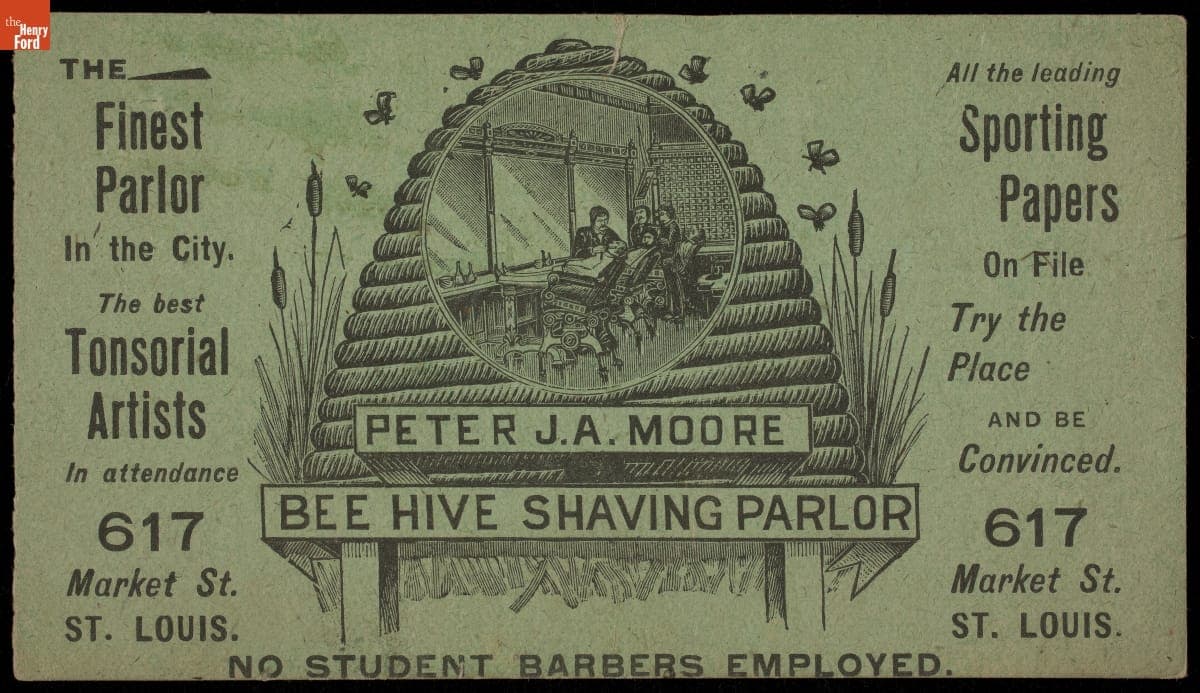 Trade Card for Moore's Barber Shop and Bee Hive Shaving Parlor, Peter J. A. Moore, 1870-1900
