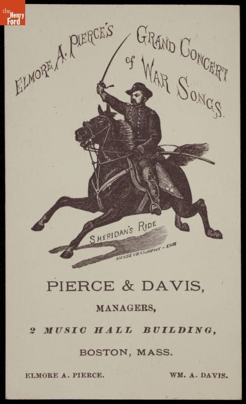 Trade Card for War Songs Concert, Elmore A. Pierce, 1883