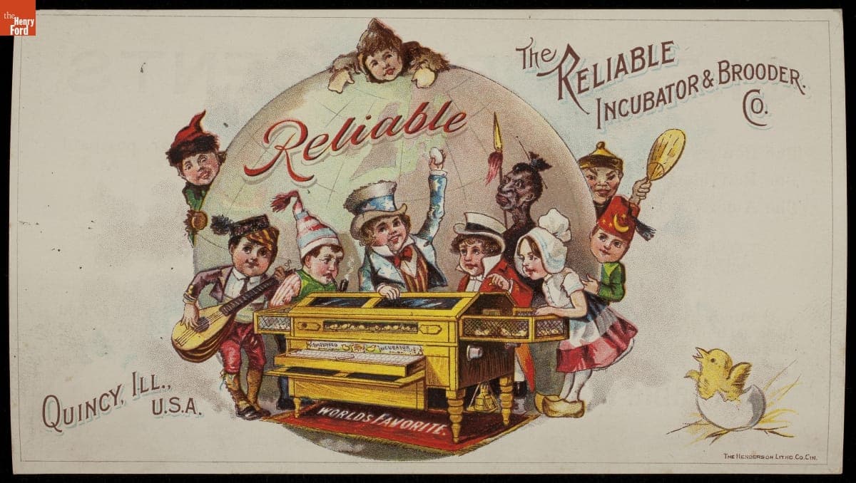 Trade Card for Poultry Incubators, Reliable Incubator and Brooder Co., 1902-1914