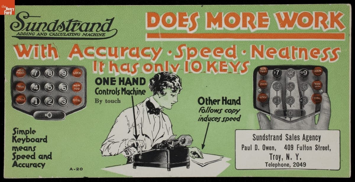 Trade Card for Sundstrand Adding and Calculating Machine, Sundstrand Adding Machine Co., circa 1920