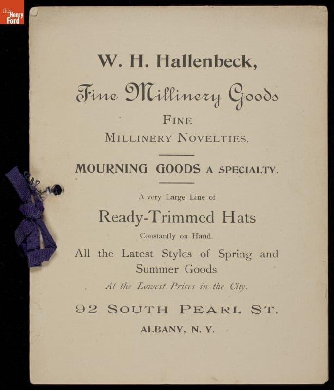 Trade Card for Milliner W. H. Hallenbeck, 1894-1898