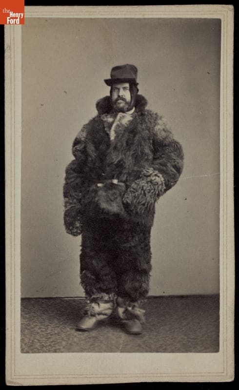 Man Wearing Fur Coat, Pants and Mittens, circa 1865