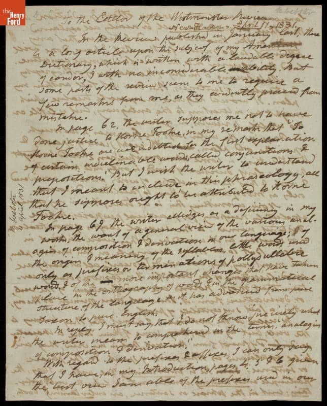 Letter from Noah Webster to the Editor of the Westminster Review, 1831