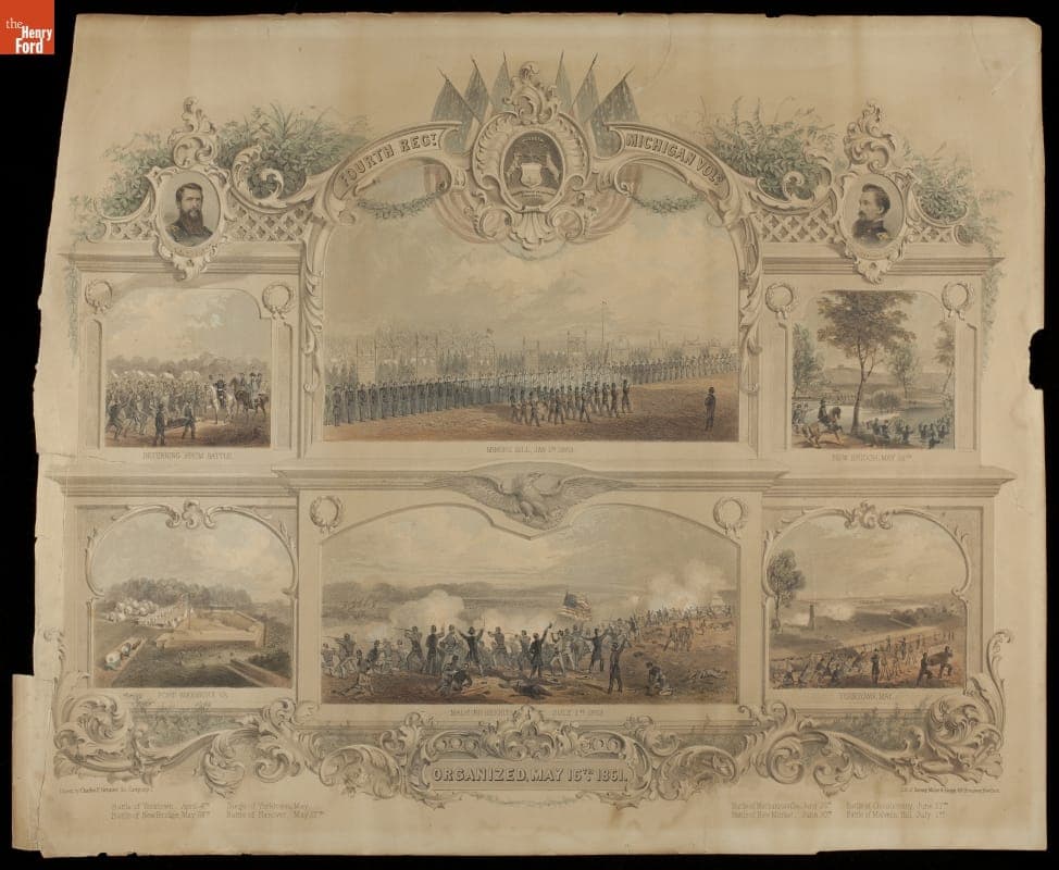Lithograph, Battles of the Fourth Regiment Michigan Volunteers, circa 1865