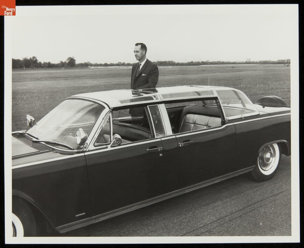 Lincoln Continental Presidential Limousine, Showing Transparent Top with Agent Standing on Side Step, 1961