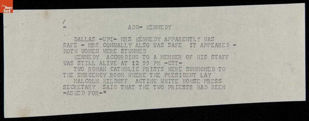 Teletype Message with Wire Service News Coverage of John F. Kennedy Assassination, November 22, 1963
