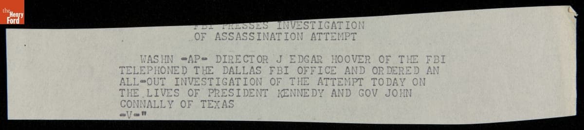 Teletype Message with Wire Service News Coverage of John F. Kennedy Assassination, November 22, 1963