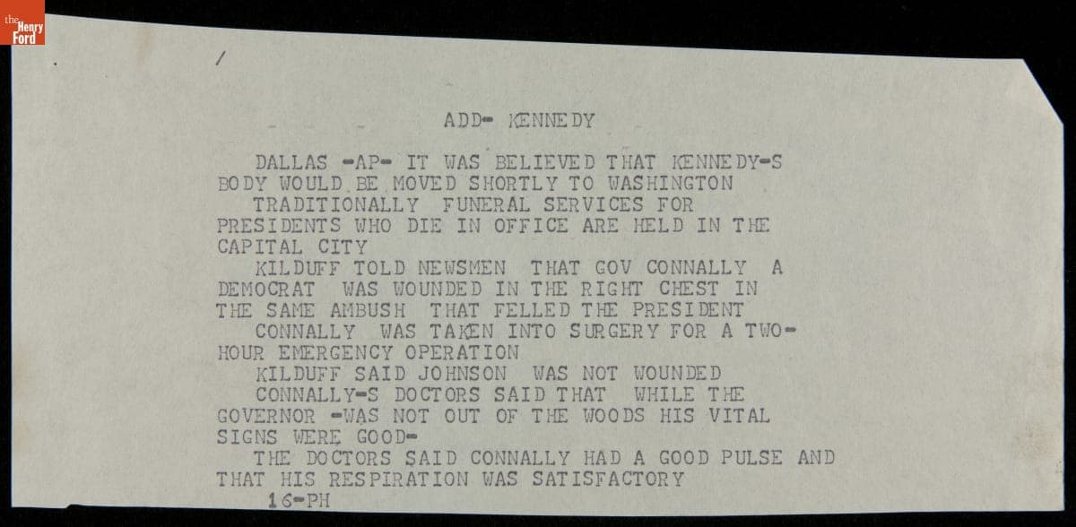 Teletype Message with Wire Service News Coverage of John F. Kennedy Assassination, November 22, 1963