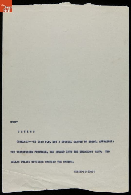 Teletype Message with Wire Service News Coverage of John F. Kennedy Assassination, November 22, 1963