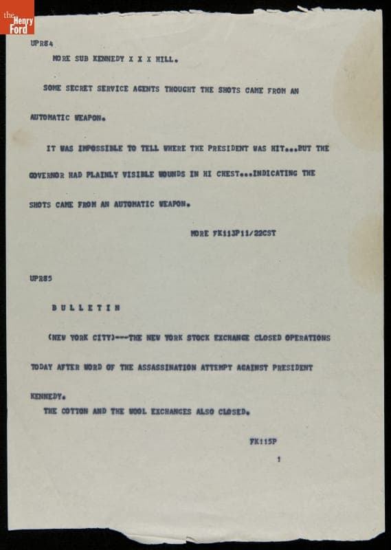 Teletype Message with Wire Service News Coverage of John F. Kennedy Assassination, November 22, 1963
